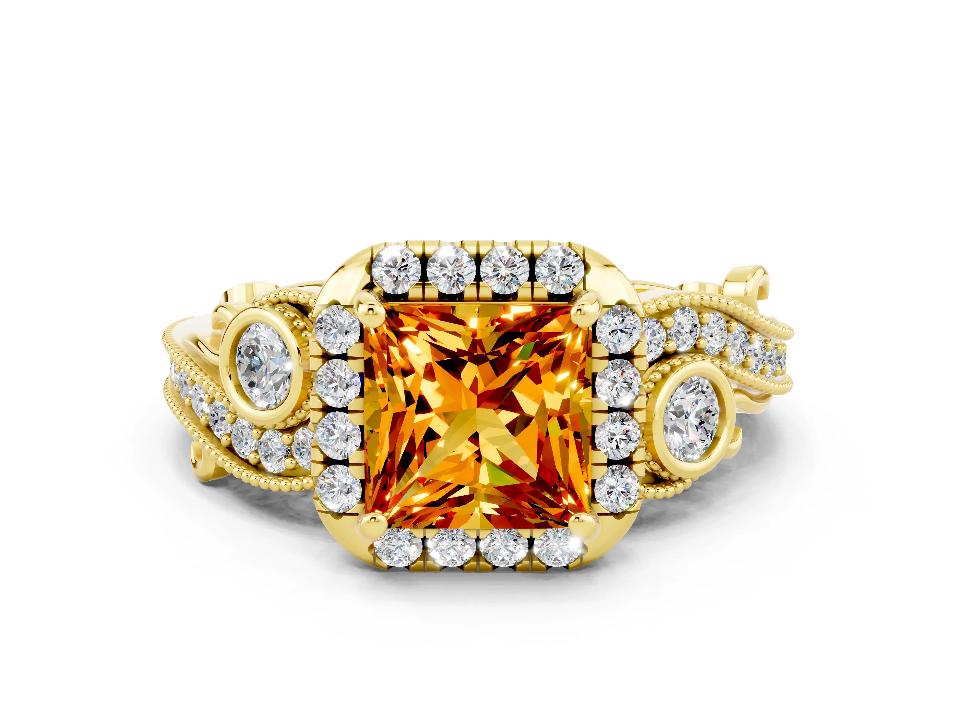 Yellow gold Princess Cut Citrine Halo Ring with Milgrain Pavé Band and Four-Prong Setting_12