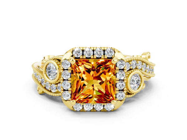 Yellow gold Princess Cut Citrine Halo Ring with Milgrain Pavé Band and Four-Prong Setting