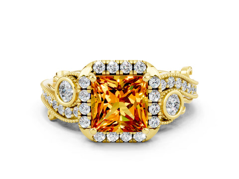 Yellow gold Princess Cut Citrine Halo Ring with Milgrain Pavé Band and Four-Prong Setting_12