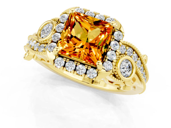 Yellow gold Princess Cut Citrine Halo Ring with Milgrain Pavé Band and Four-Prong Setting