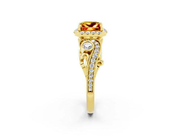 Yellow gold Princess Cut Citrine Halo Ring with Milgrain Pavé Band and Four-Prong Setting