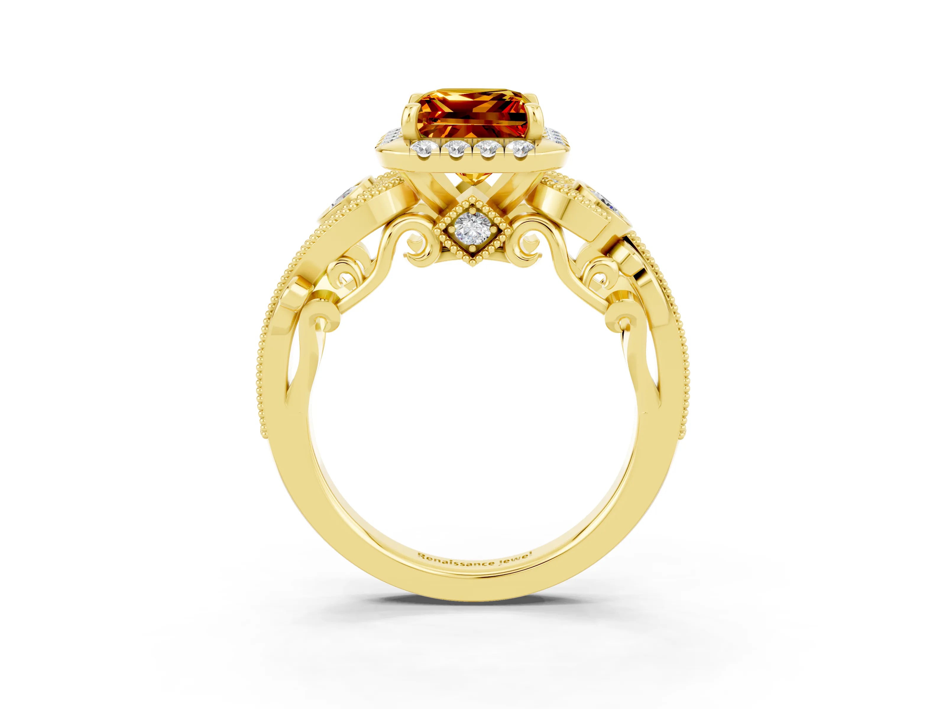 Yellow gold Princess Cut Citrine Halo Ring with Milgrain Pavé Band and Four-Prong Setting_15