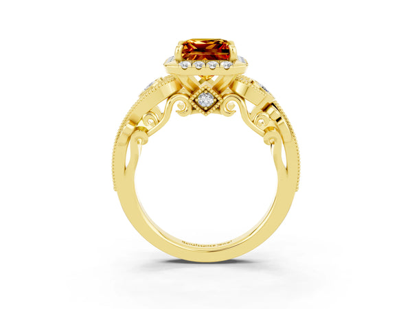 Yellow gold Princess Cut Citrine Halo Ring with Milgrain Pavé Band and Four-Prong Setting