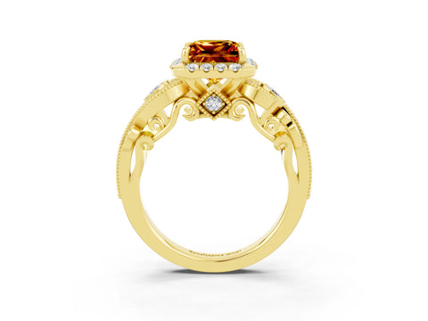 Yellow gold Princess Cut Citrine Halo Ring with Milgrain Pavé Band and Four-Prong Setting_15