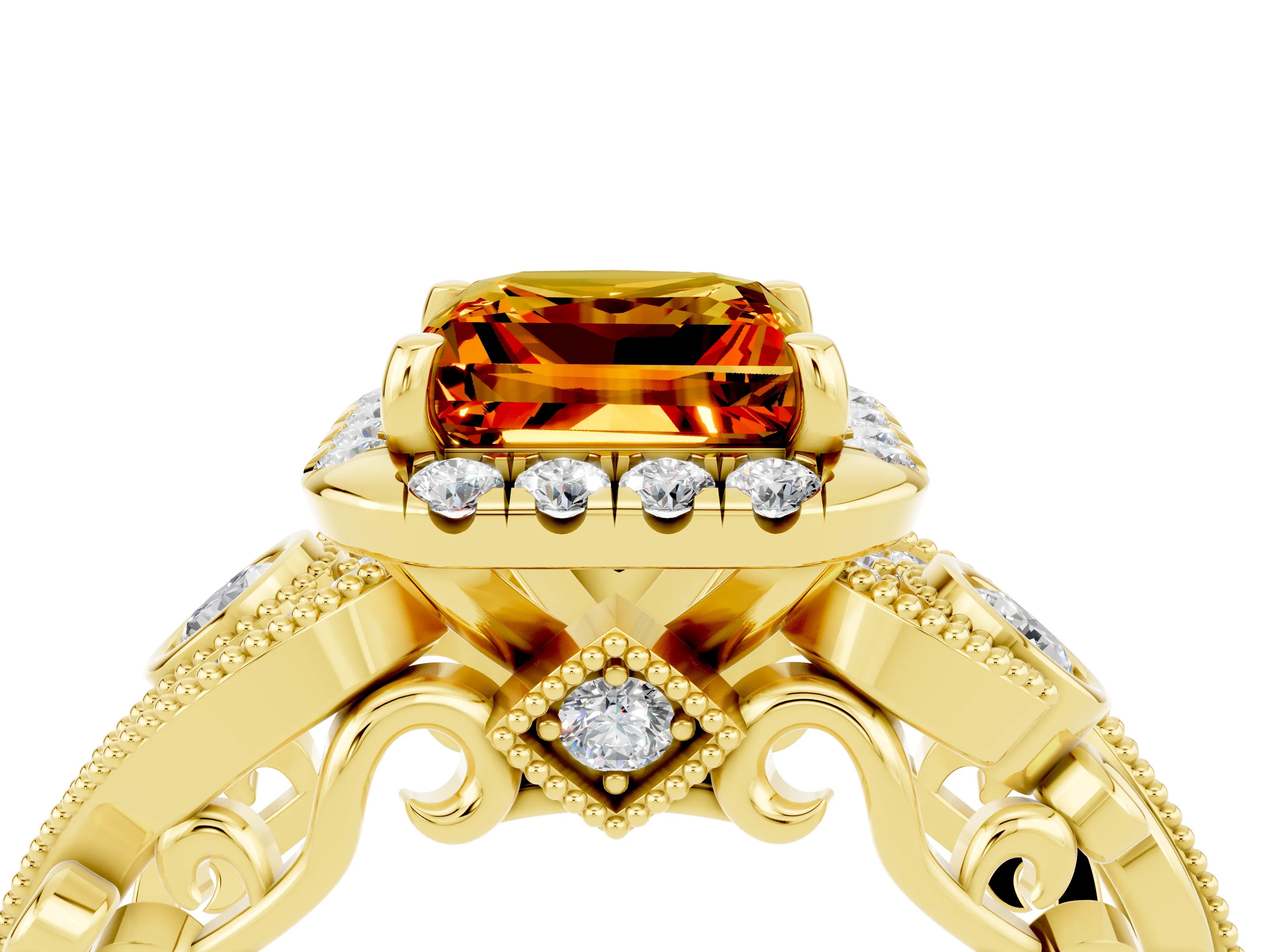 Yellow gold Princess Cut Citrine Halo Ring with Milgrain Pavé Band and Four-Prong Setting_16