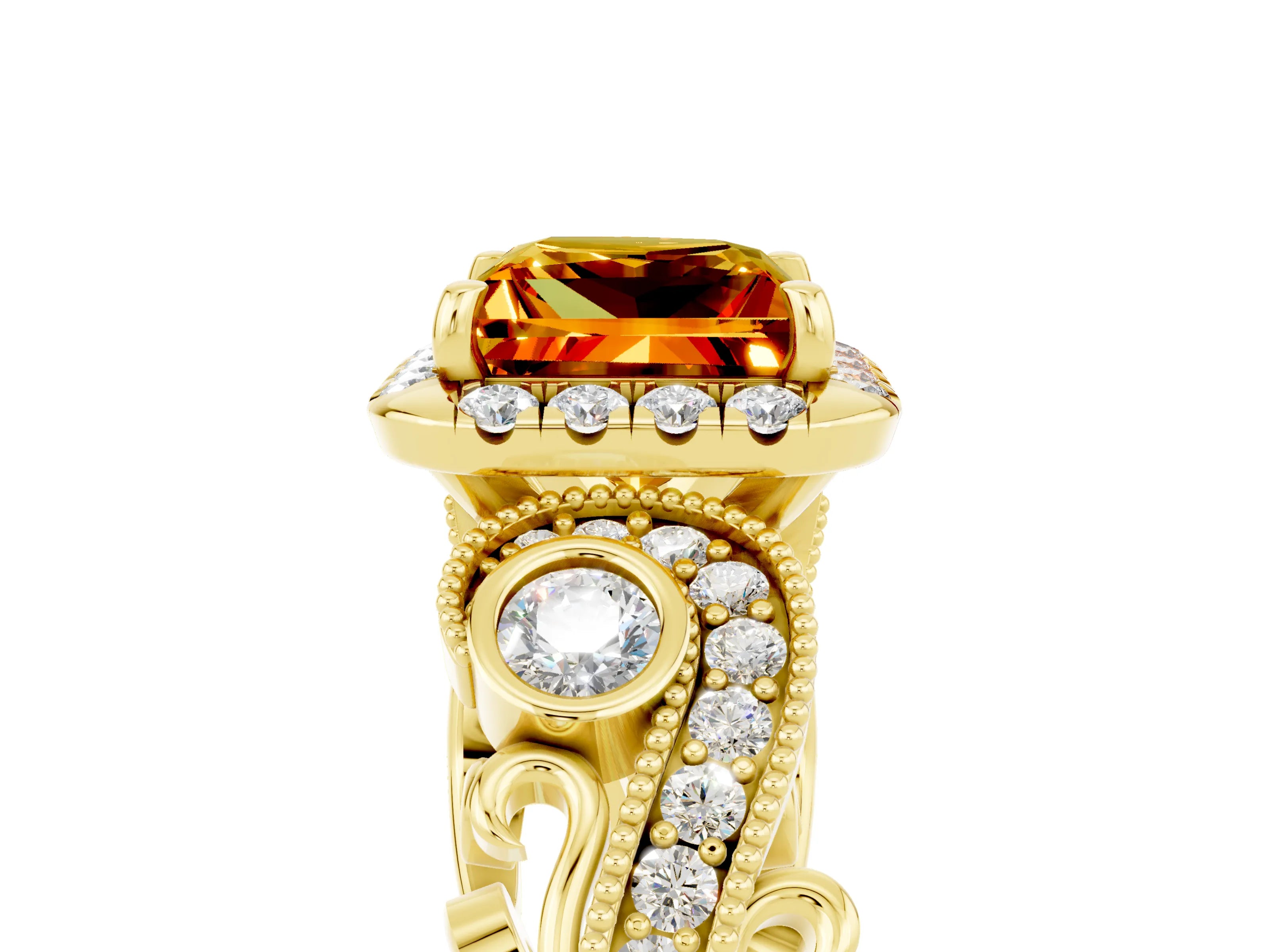 Yellow gold Princess Cut Citrine Halo Ring with Milgrain Pavé Band and Four-Prong Setting_17