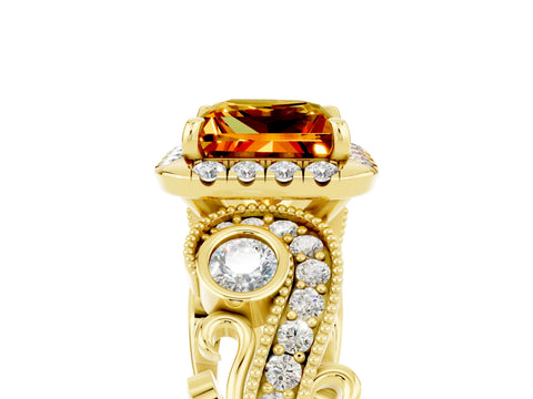 Yellow gold Princess Cut Citrine Halo Ring with Milgrain Pavé Band and Four-Prong Setting_17