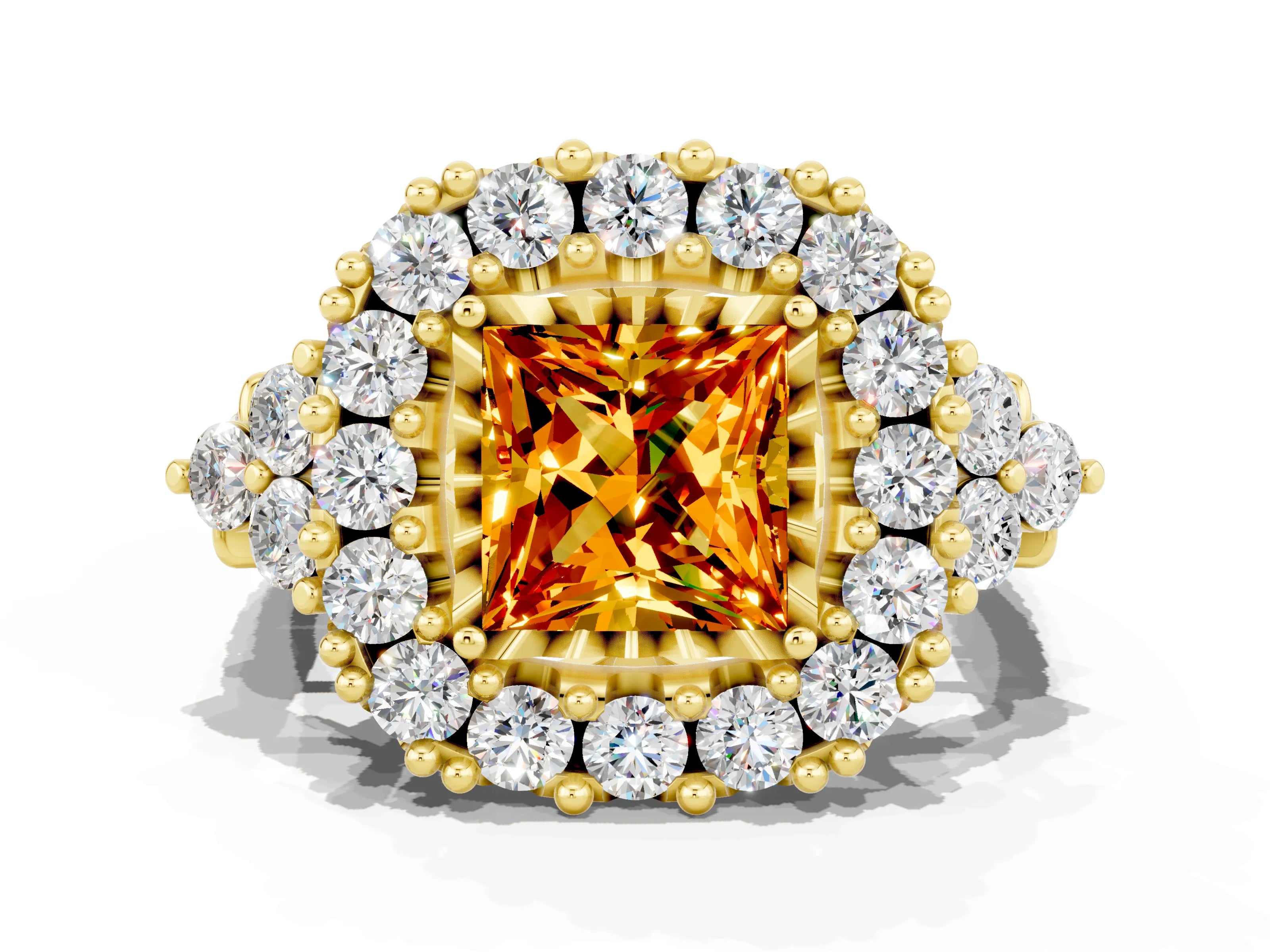 Yellow gold Princess Cut Citrine Halo Ring with Pavé Band and Four-Prong Setting_12