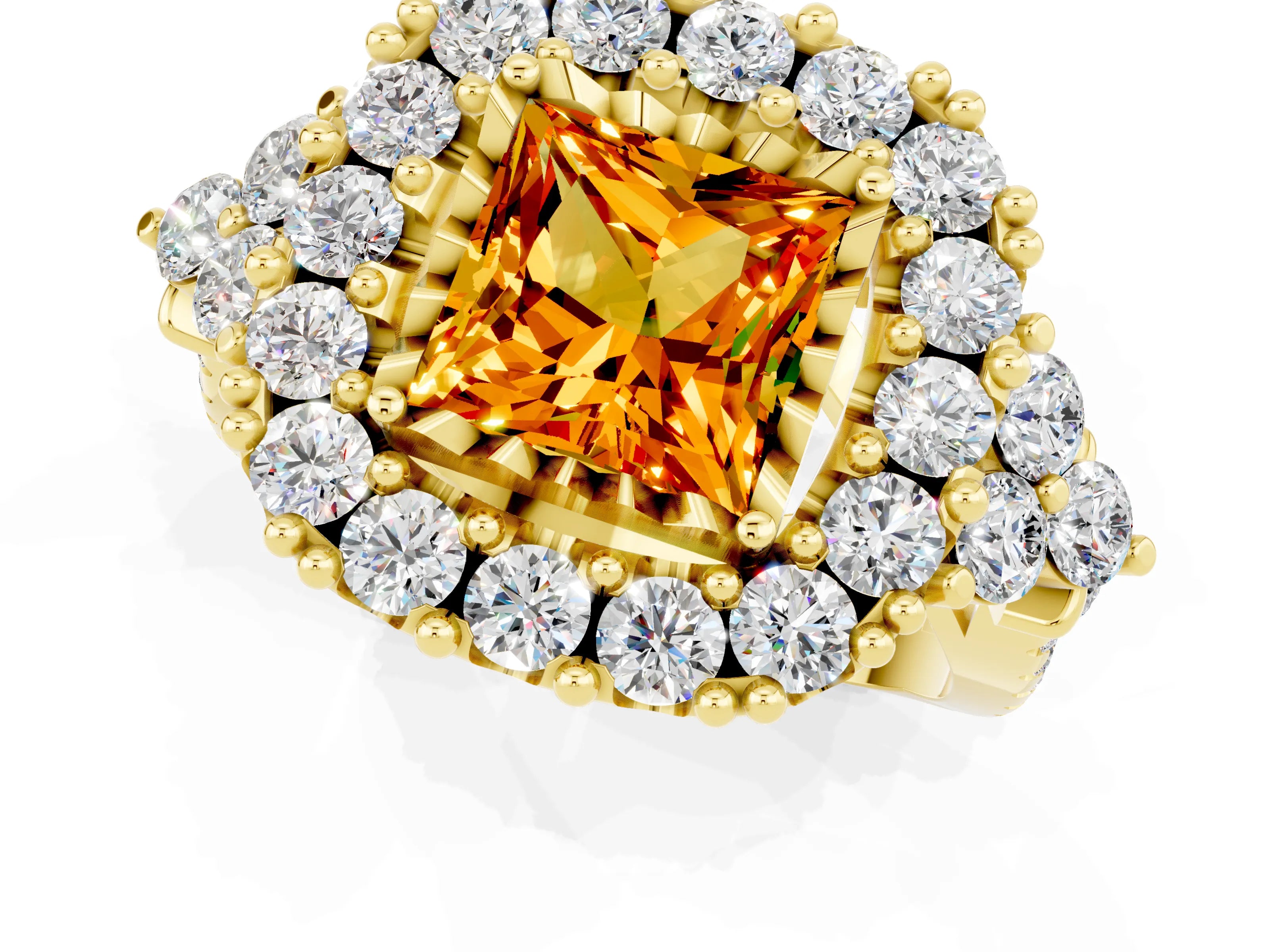 Yellow gold Princess Cut Citrine Halo Ring with Pavé Band and Four-Prong Setting_13