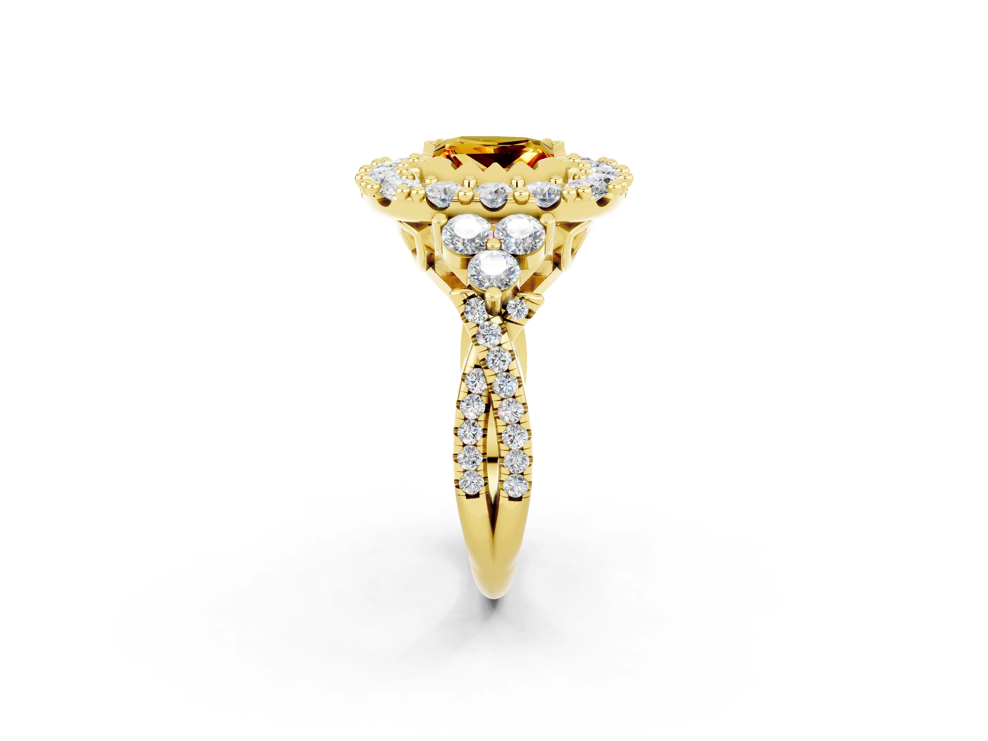 Yellow gold Princess Cut Citrine Halo Ring with Pavé Band and Four-Prong Setting_14