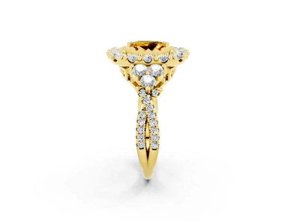 Yellow gold Princess Cut Citrine Halo Ring with Pavé Band and Four-Prong Setting
