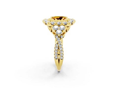 Yellow gold Princess Cut Citrine Halo Ring with Pavé Band and Four-Prong Setting_14