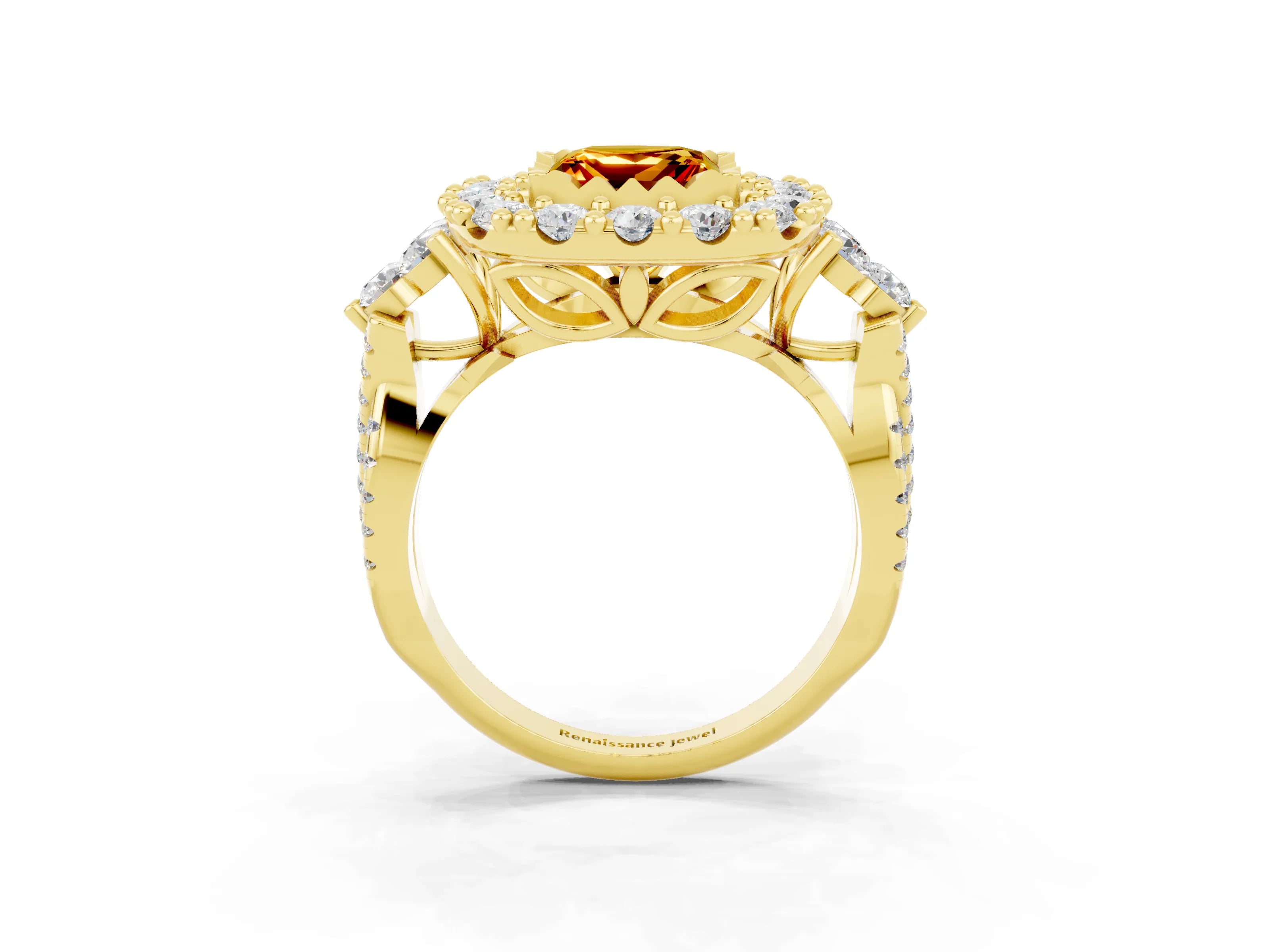 Yellow gold Princess Cut Citrine Halo Ring with Pavé Band and Four-Prong Setting_15