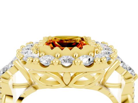 Yellow gold Princess Cut Citrine Halo Ring with Pavé Band and Four-Prong Setting_16
