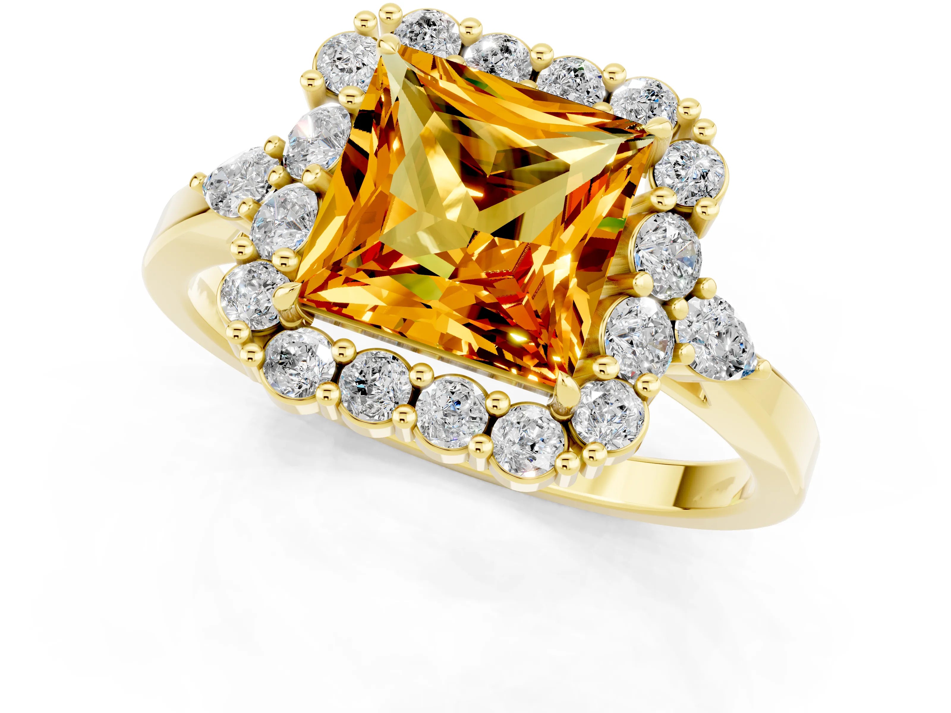 Yellow gold Princess Cut Citrine Halo Ring with Pear Side Stones and Prong Setting_13