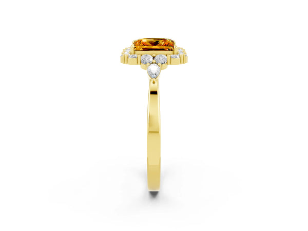 Yellow gold Princess Cut Citrine Halo Ring with Pear Side Stones and Prong Setting