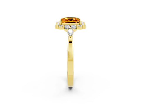 Yellow gold Princess Cut Citrine Halo Ring with Pear Side Stones and Prong Setting_14