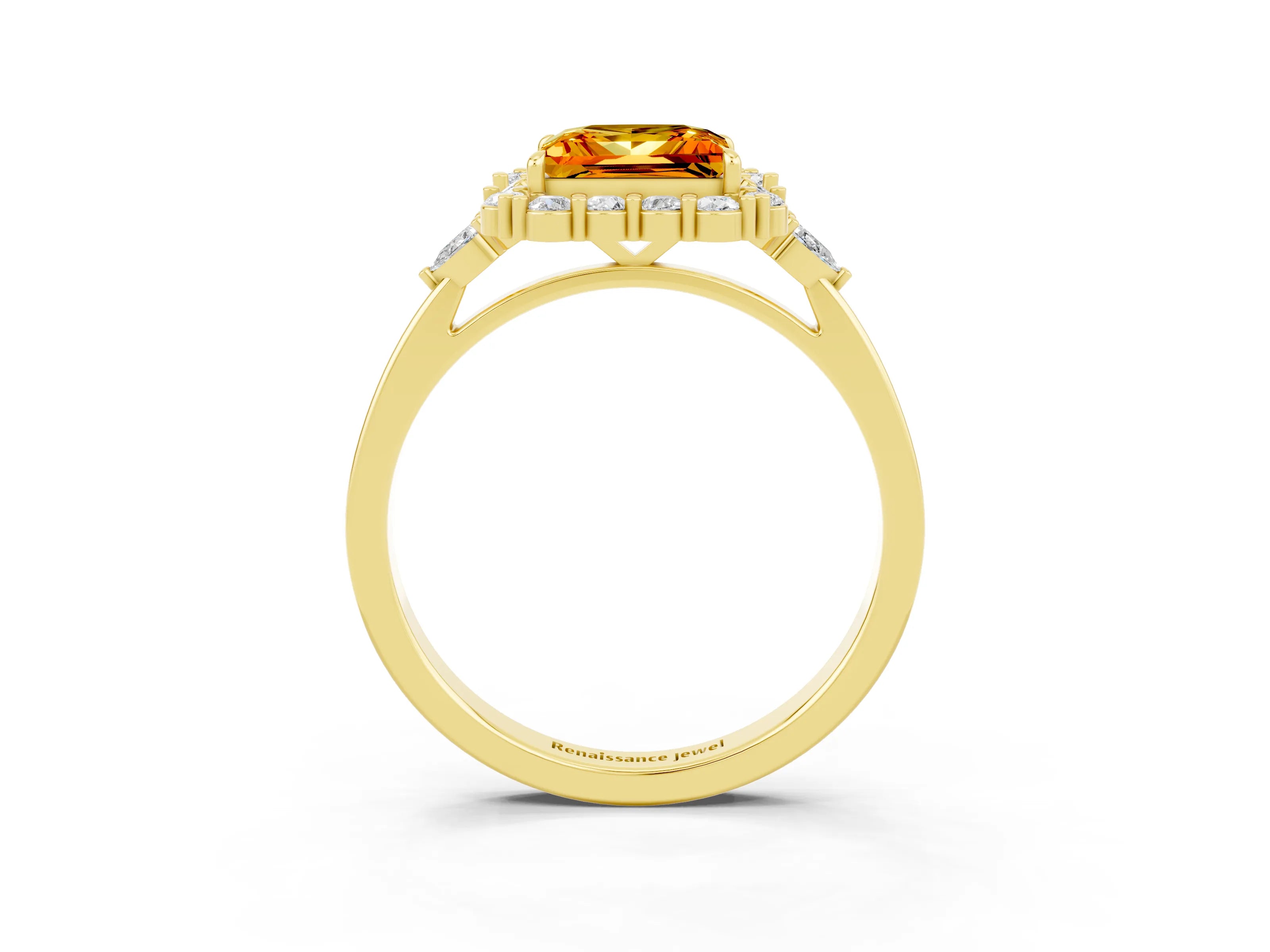 Yellow gold Princess Cut Citrine Halo Ring with Pear Side Stones and Prong Setting_15