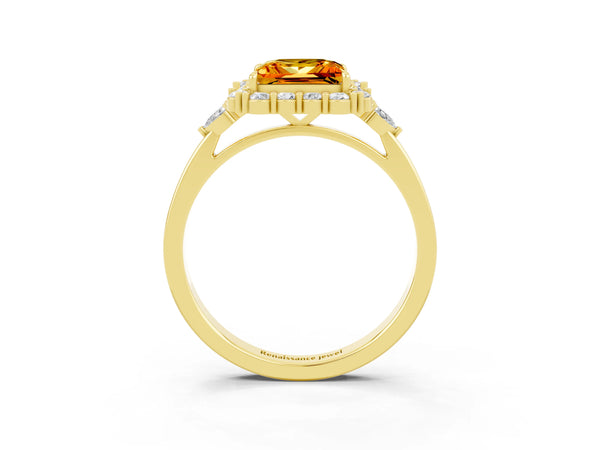 Yellow gold Princess Cut Citrine Halo Ring with Pear Side Stones and Prong Setting