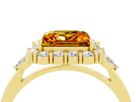 Yellow gold Princess Cut Citrine Halo Ring with Pear Side Stones and Prong Setting_16