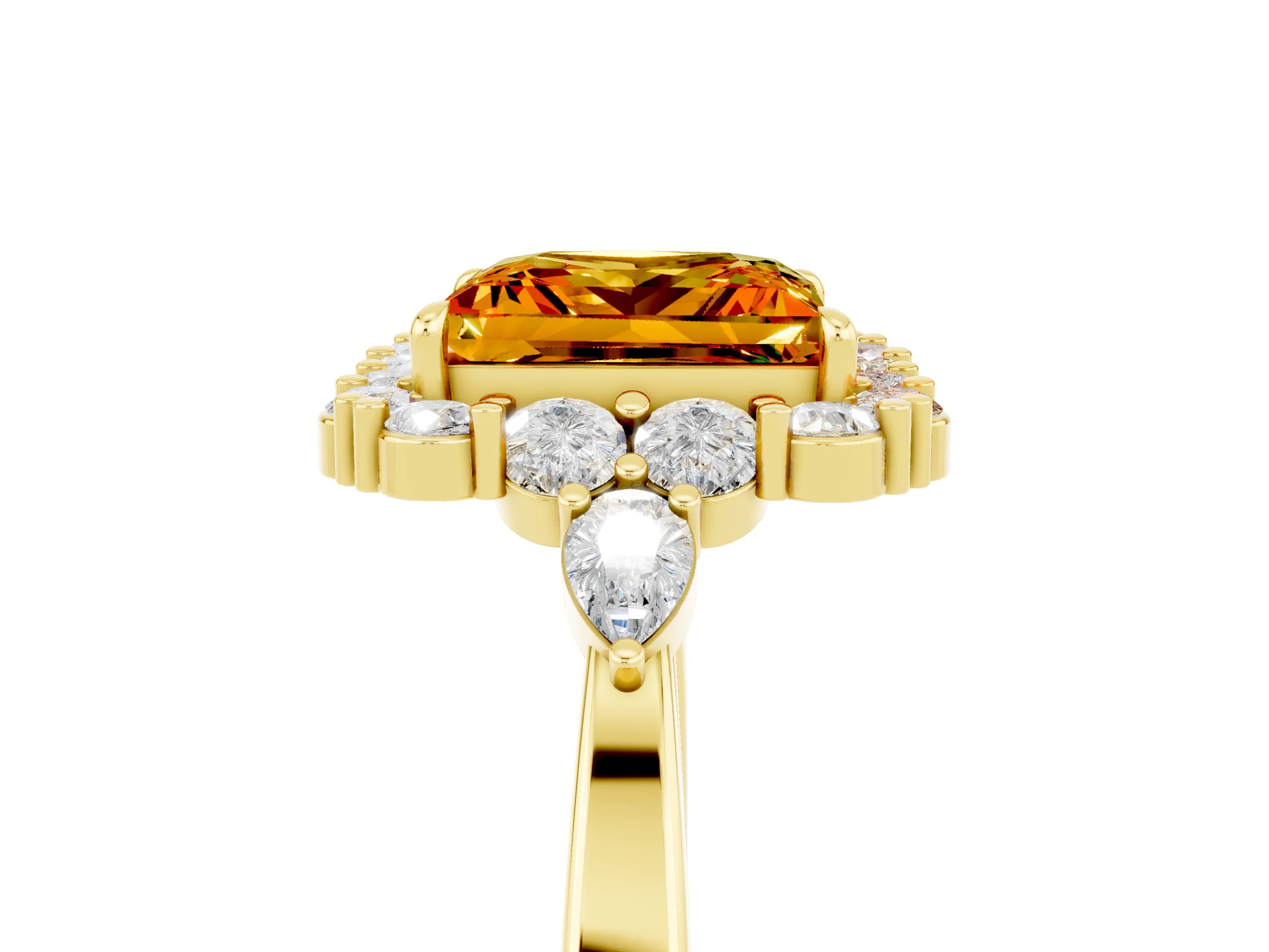 Yellow gold Princess Cut Citrine Halo Ring with Pear Side Stones and Prong Setting_17