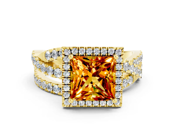 Yellow gold Princess Cut Citrine Halo Ring with Round Split Shank and Prong Setting