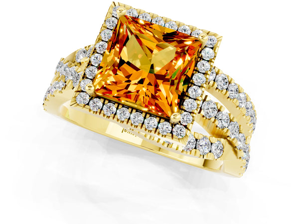 Yellow gold Princess Cut Citrine Halo Ring with Round Split Shank and Prong Setting