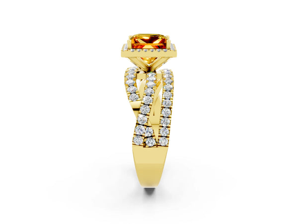 Yellow gold Princess Cut Citrine Halo Ring with Round Split Shank and Prong Setting