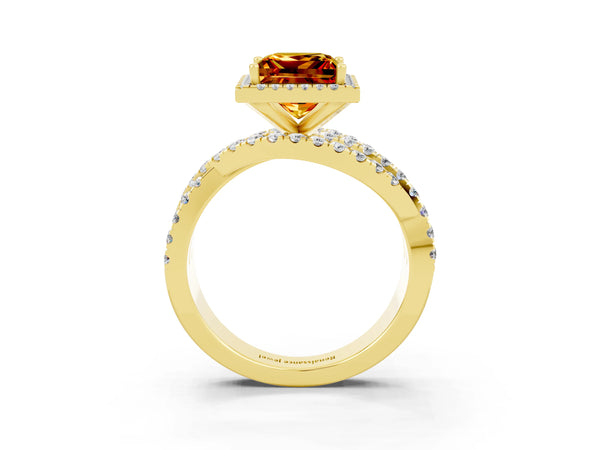 Yellow gold Princess Cut Citrine Halo Ring with Round Split Shank and Prong Setting