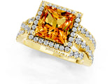 Yellow gold Princess Cut Citrine Halo Ring with Round Split Shank and Prong Setting_49