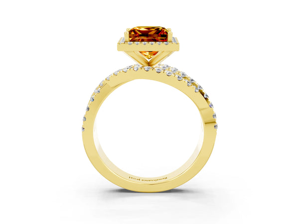 Yellow gold Princess Cut Citrine Halo Ring with Round Split Shank and Prong Setting
