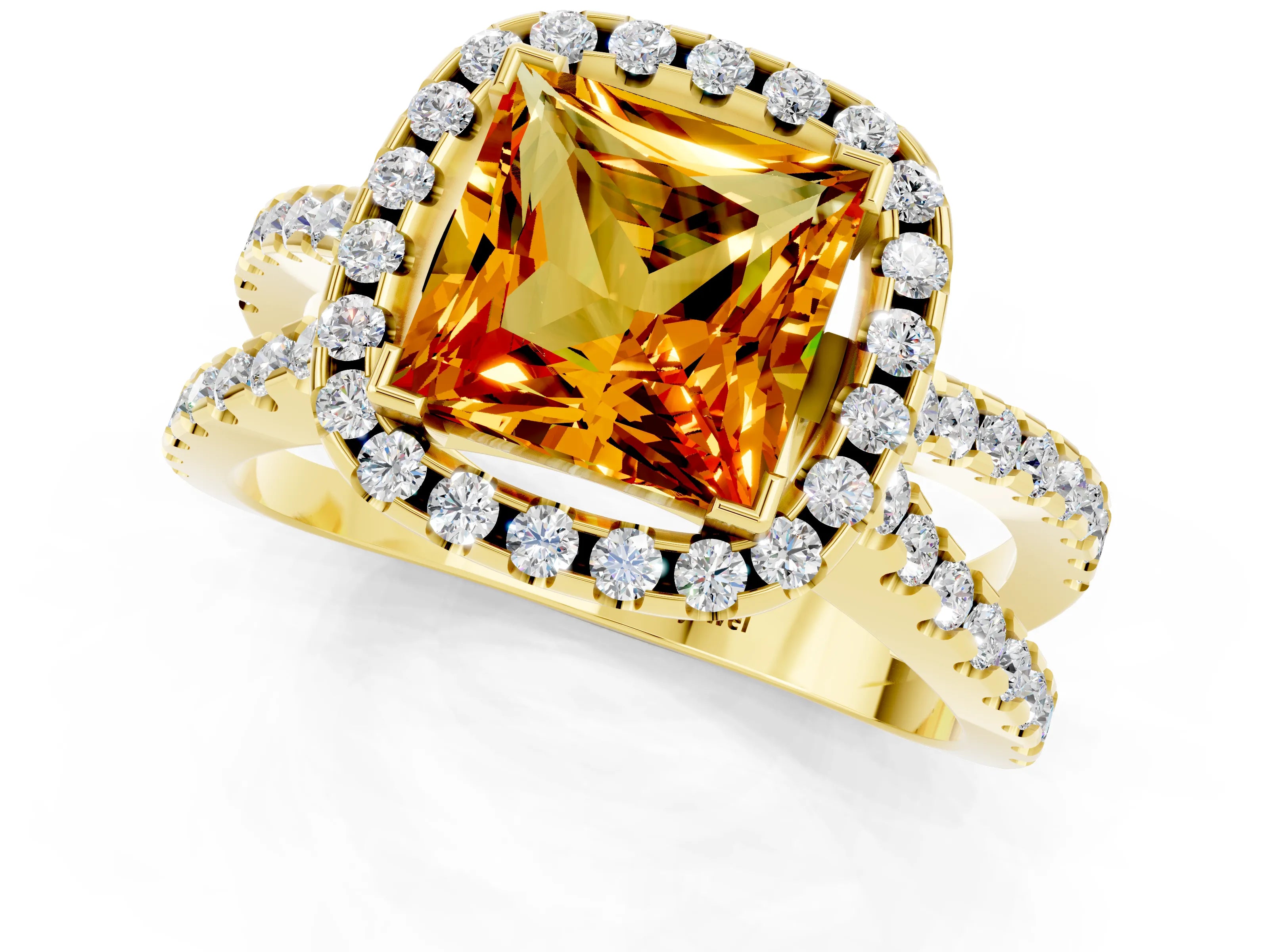 Yellow gold Princess Cut Citrine Halo Ring with Split Shank Pavé Band and Prong Setting_1