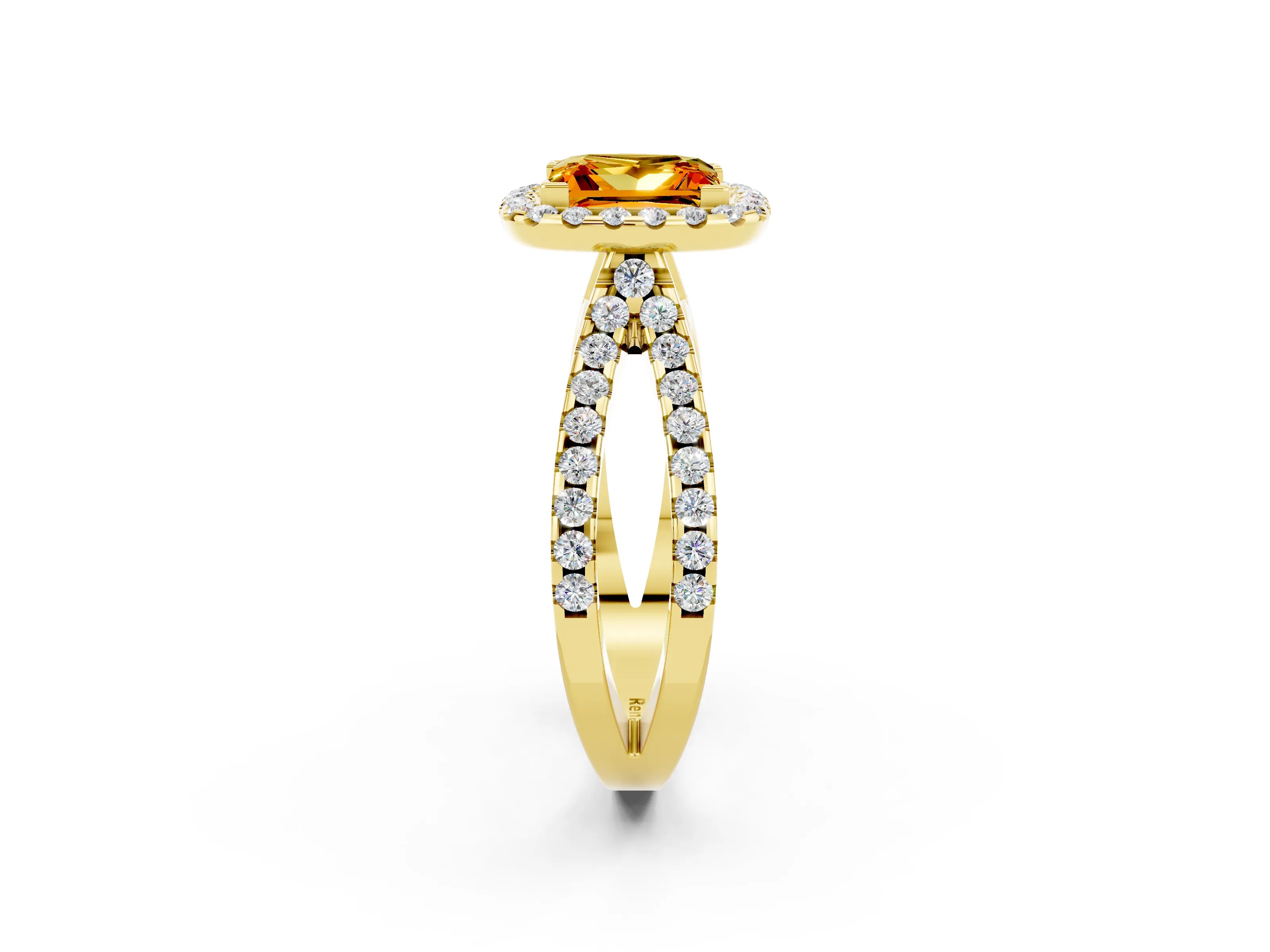 Yellow gold Princess Cut Citrine Halo Ring with Split Shank Pavé Band and Prong Setting_2