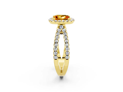Yellow gold Princess Cut Citrine Halo Ring with Split Shank Pavé Band and Prong Setting_2