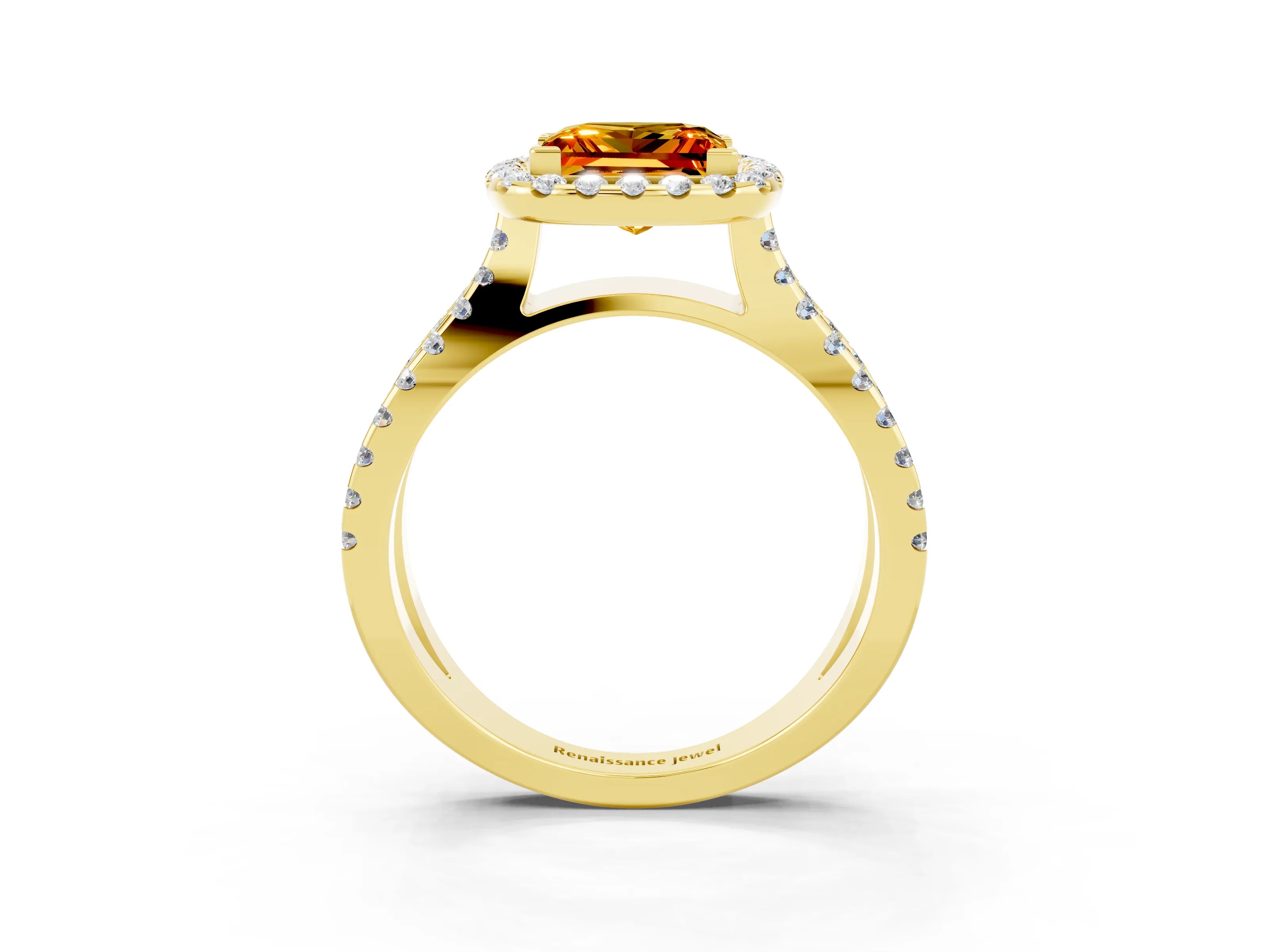 Yellow gold Princess Cut Citrine Halo Ring with Split Shank Pavé Band and Prong Setting_3