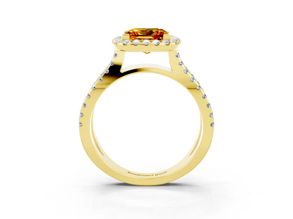 Yellow gold Princess Cut Citrine Halo Ring with Split Shank Pavé Band and Prong Setting