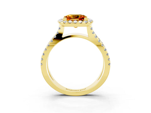 Yellow gold Princess Cut Citrine Halo Ring with Split Shank Pavé Band and Prong Setting_3