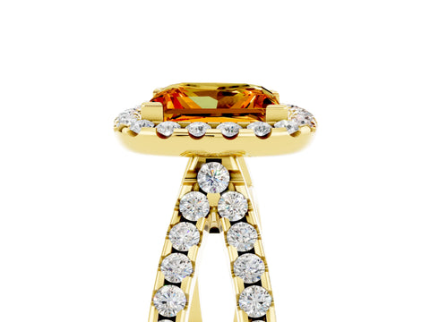 Yellow gold Princess Cut Citrine Halo Ring with Split Shank Pavé Band and Prong Setting_5