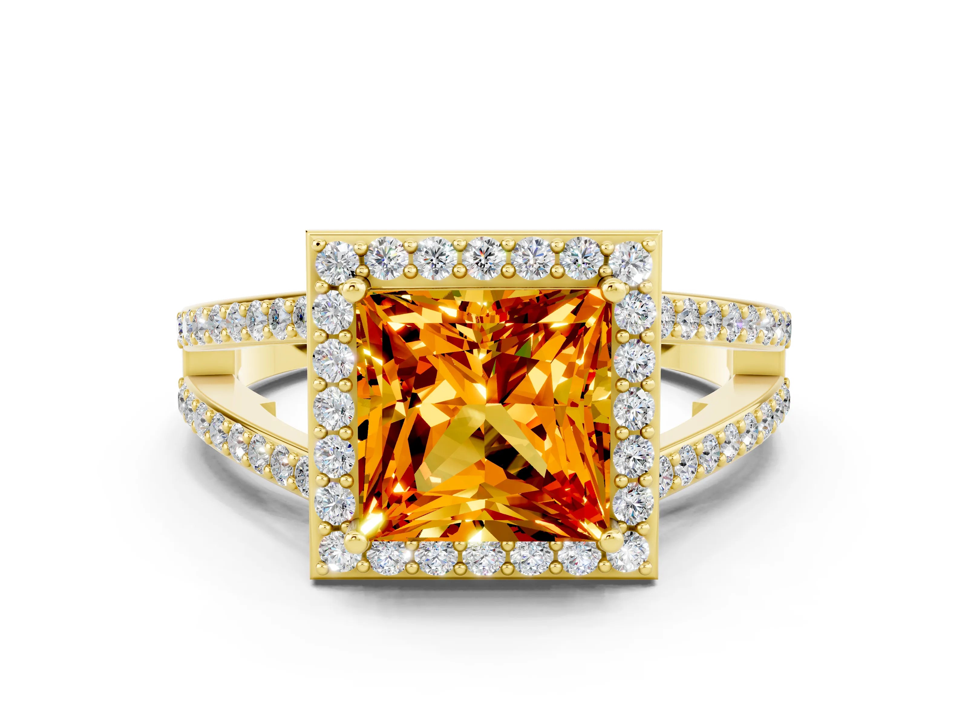 Yellow gold Princess Cut Citrine Halo Ring with Split Shank U-Prong Band and Four-Prong Setting