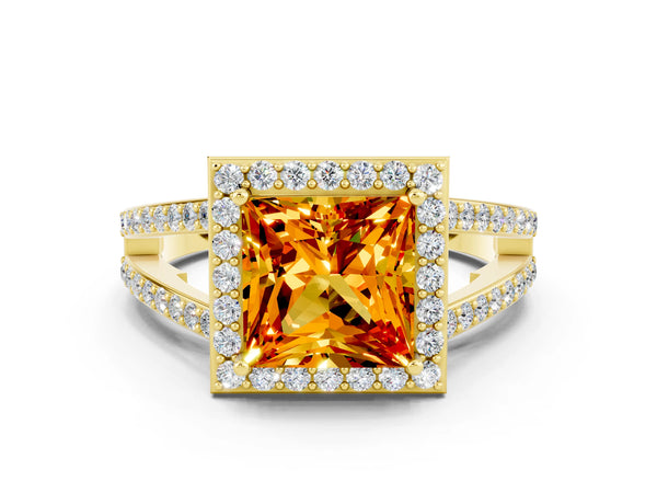 Yellow gold Princess Cut Citrine Halo Ring with Split Shank U-Prong Band and Four-Prong Setting