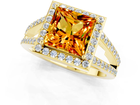Yellow gold Princess Cut Citrine Halo Ring with Split Shank U-Prong Band and Four-Prong Setting_1