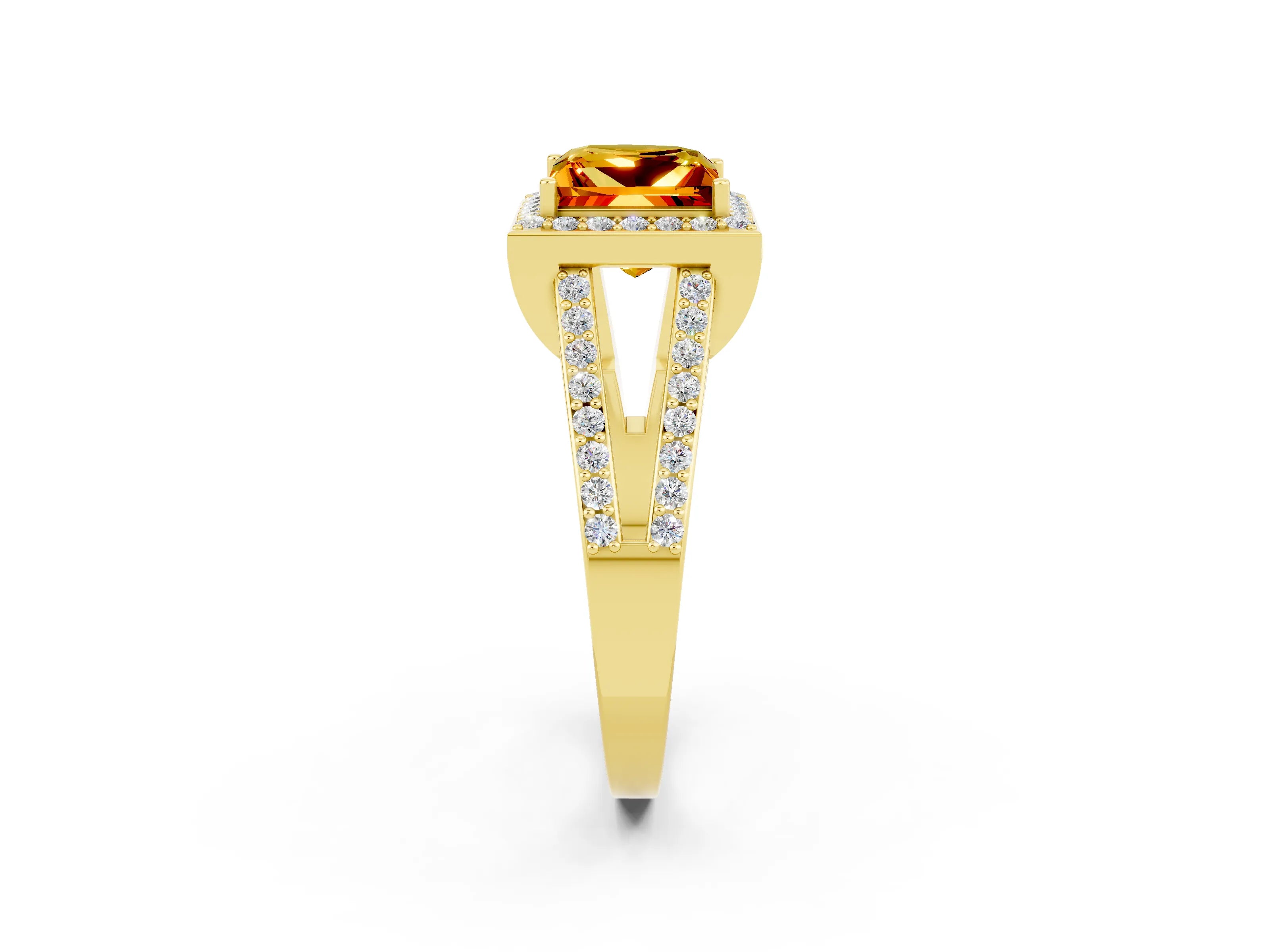 Yellow gold Princess Cut Citrine Halo Ring with Split Shank U-Prong Band and Four-Prong Setting_2
