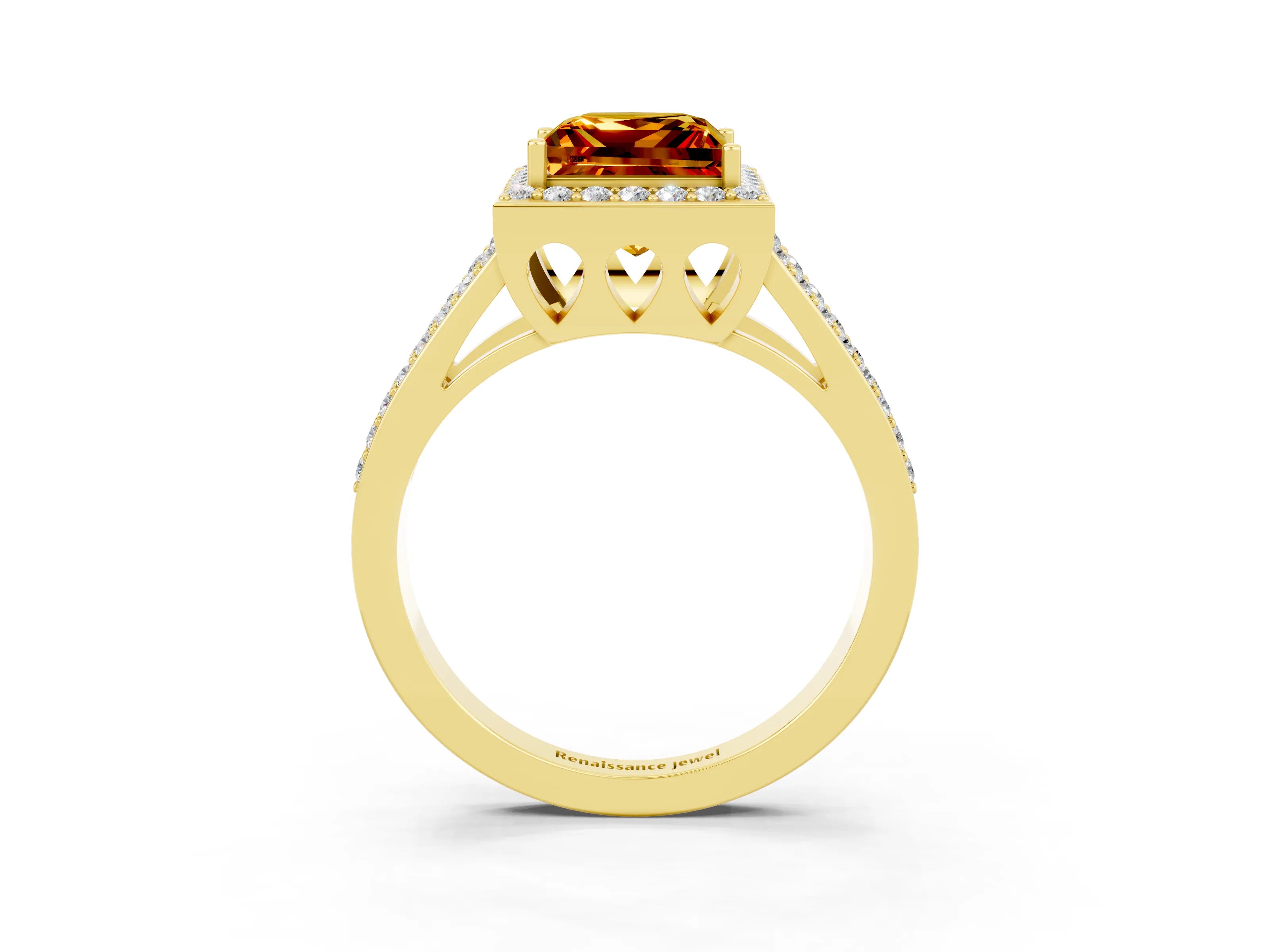 Yellow gold Princess Cut Citrine Halo Ring with Split Shank U-Prong Band and Four-Prong Setting_3
