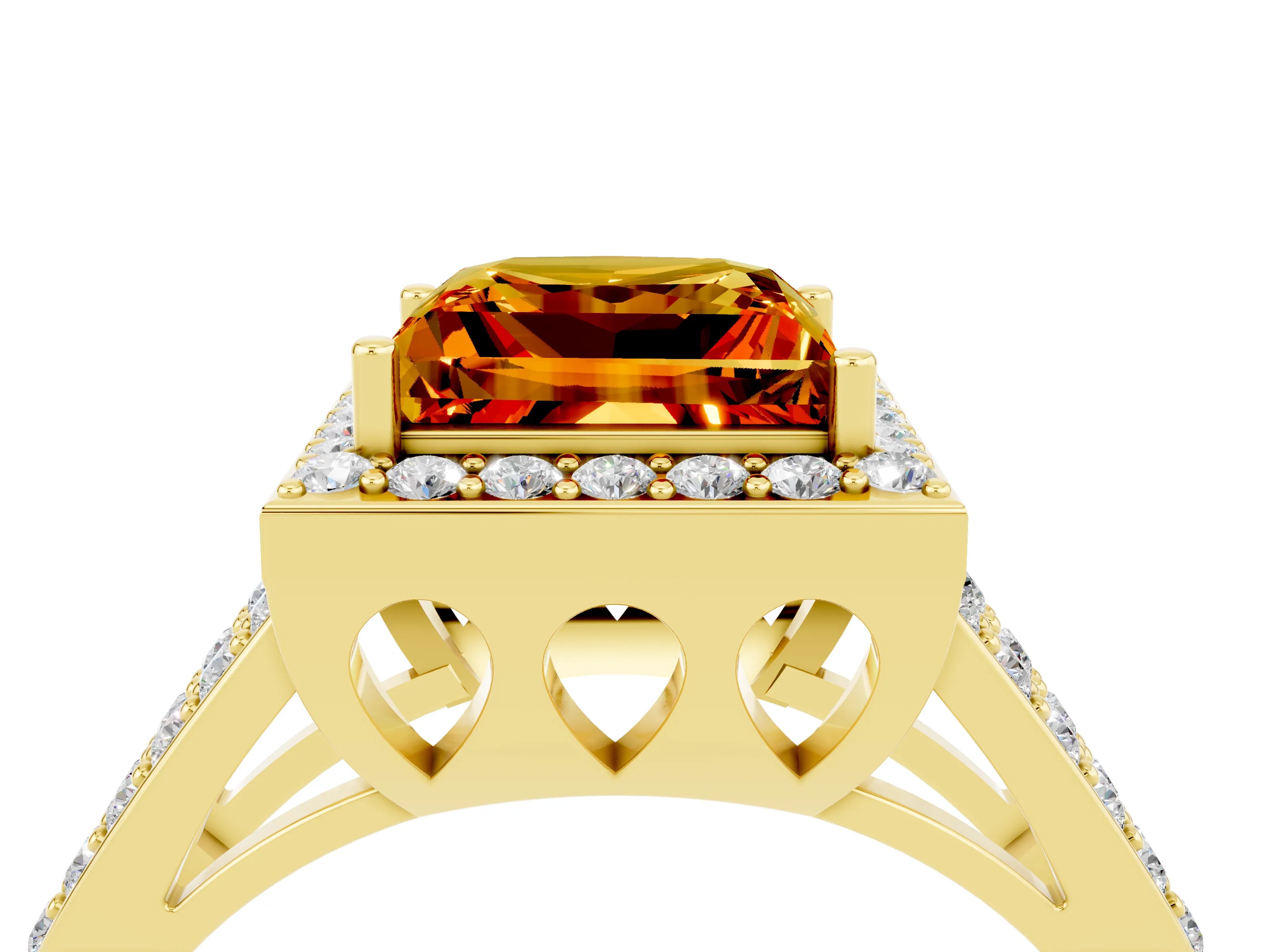 Yellow gold Princess Cut Citrine Halo Ring with Split Shank U-Prong Band and Four-Prong Setting_4