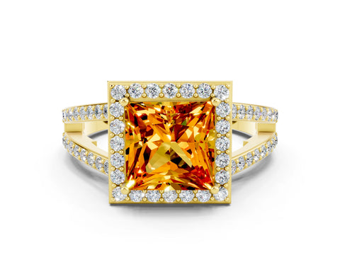 Yellow gold Princess Cut Citrine Halo Ring with Split Shank U-Prong Band and Four-Prong Setting