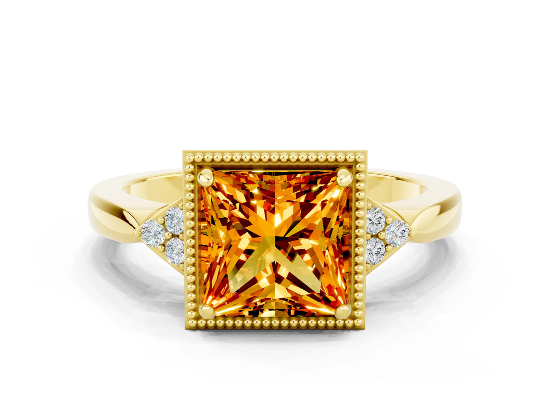 Yellow gold Princess Cut Citrine Halo Ring with Tapered Band and Four-Prong Setting