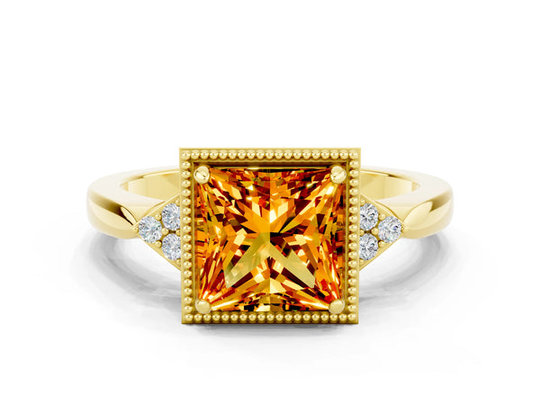 Yellow gold Princess Cut Citrine Halo Ring with Tapered Band and Four-Prong Setting