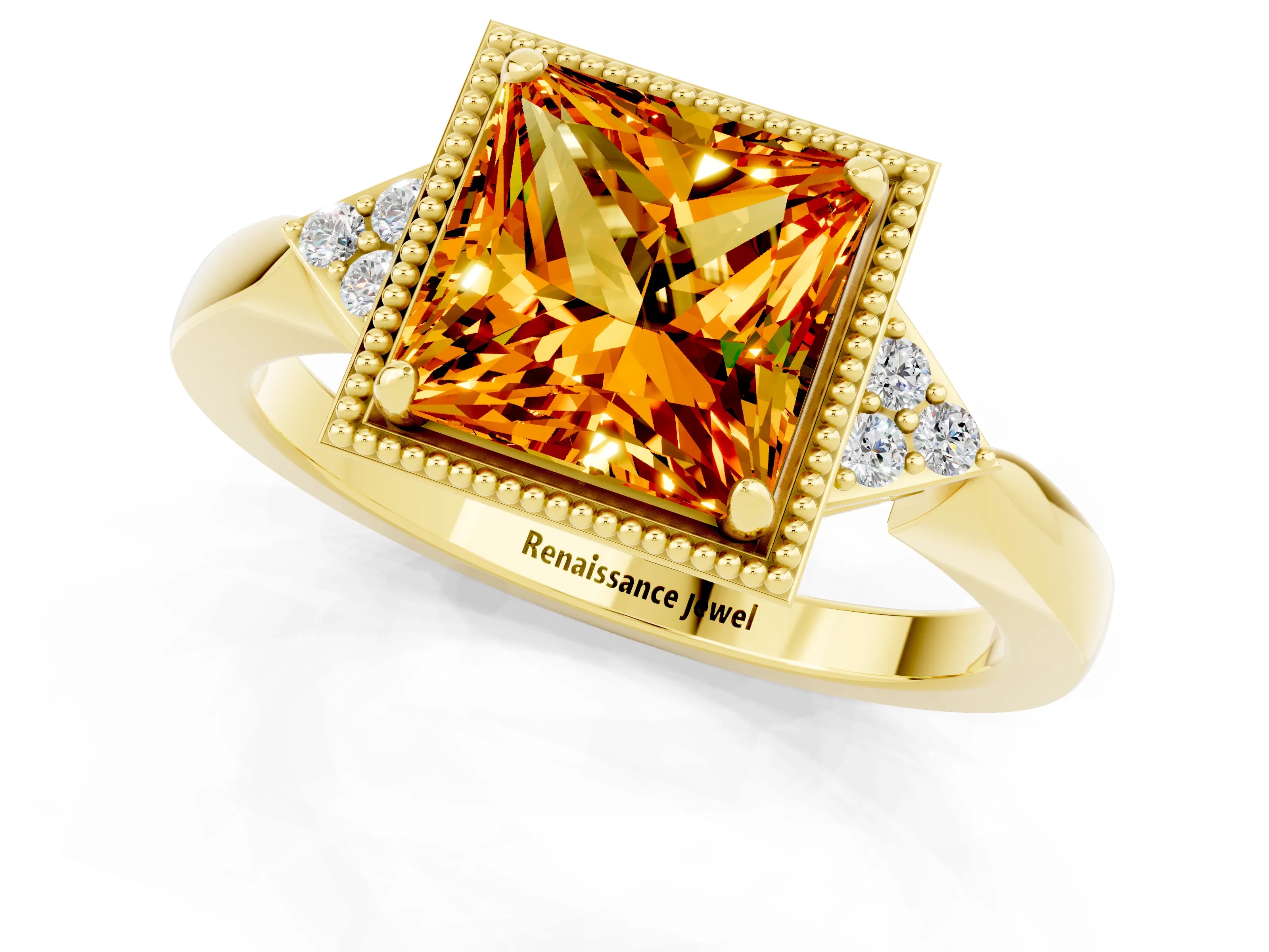 Yellow gold Princess Cut Citrine Halo Ring with Tapered Band and Four-Prong Setting_1