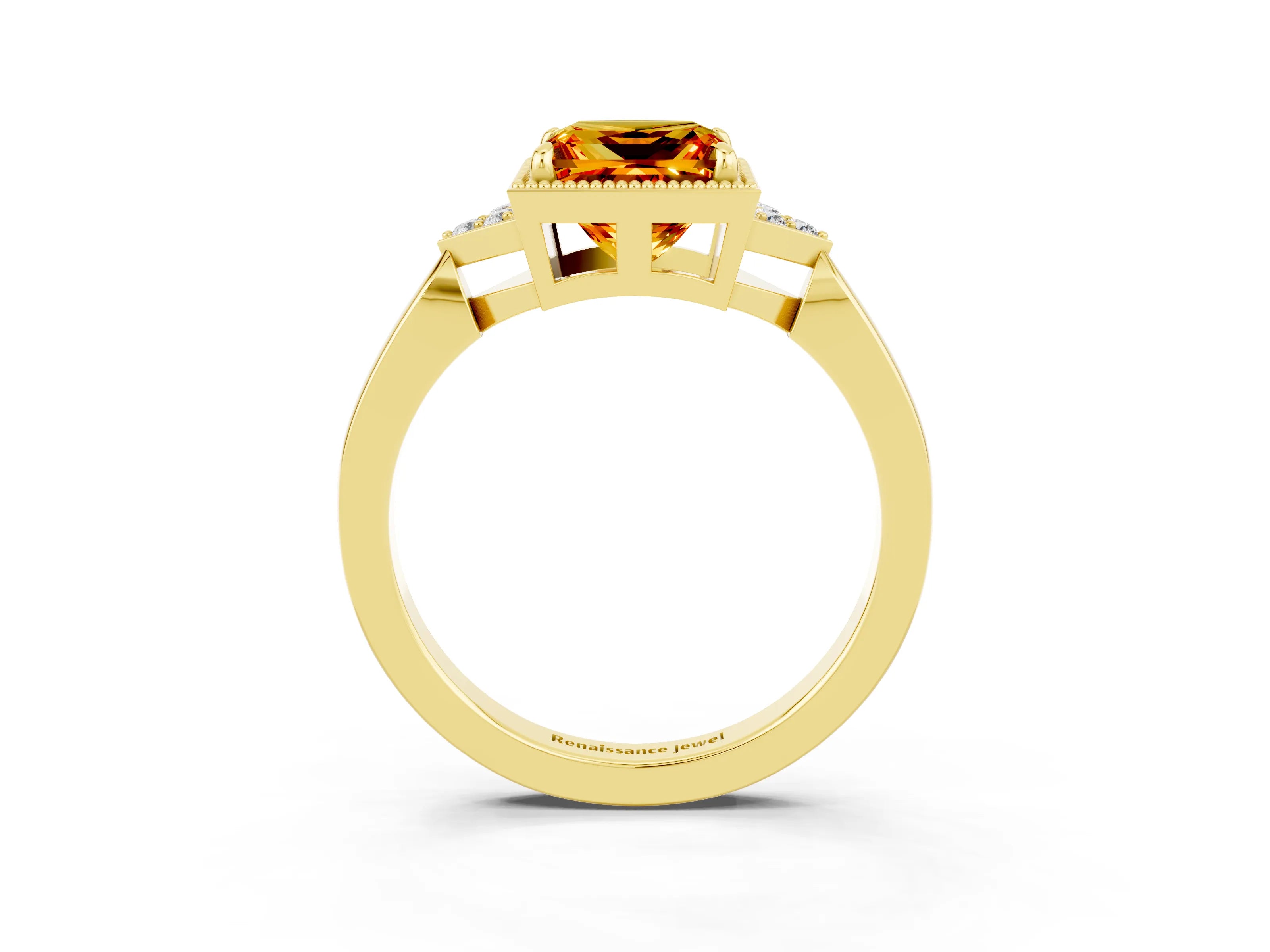 Yellow gold Princess Cut Citrine Halo Ring with Tapered Band and Four-Prong Setting_3