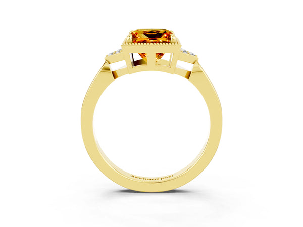 Yellow gold Princess Cut Citrine Halo Ring with Tapered Band and Four-Prong Setting